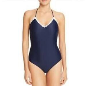 SHOSHANNA One Piece Swimsuit 10 Navy White Scalloped Halter Shelf Bra NWT